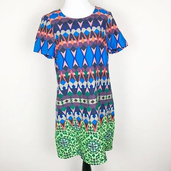 J. Crew Womens Shift Dress Geometric Multicolor Size 6 Short Sleeve Zip Silk - Picture 1 of 11